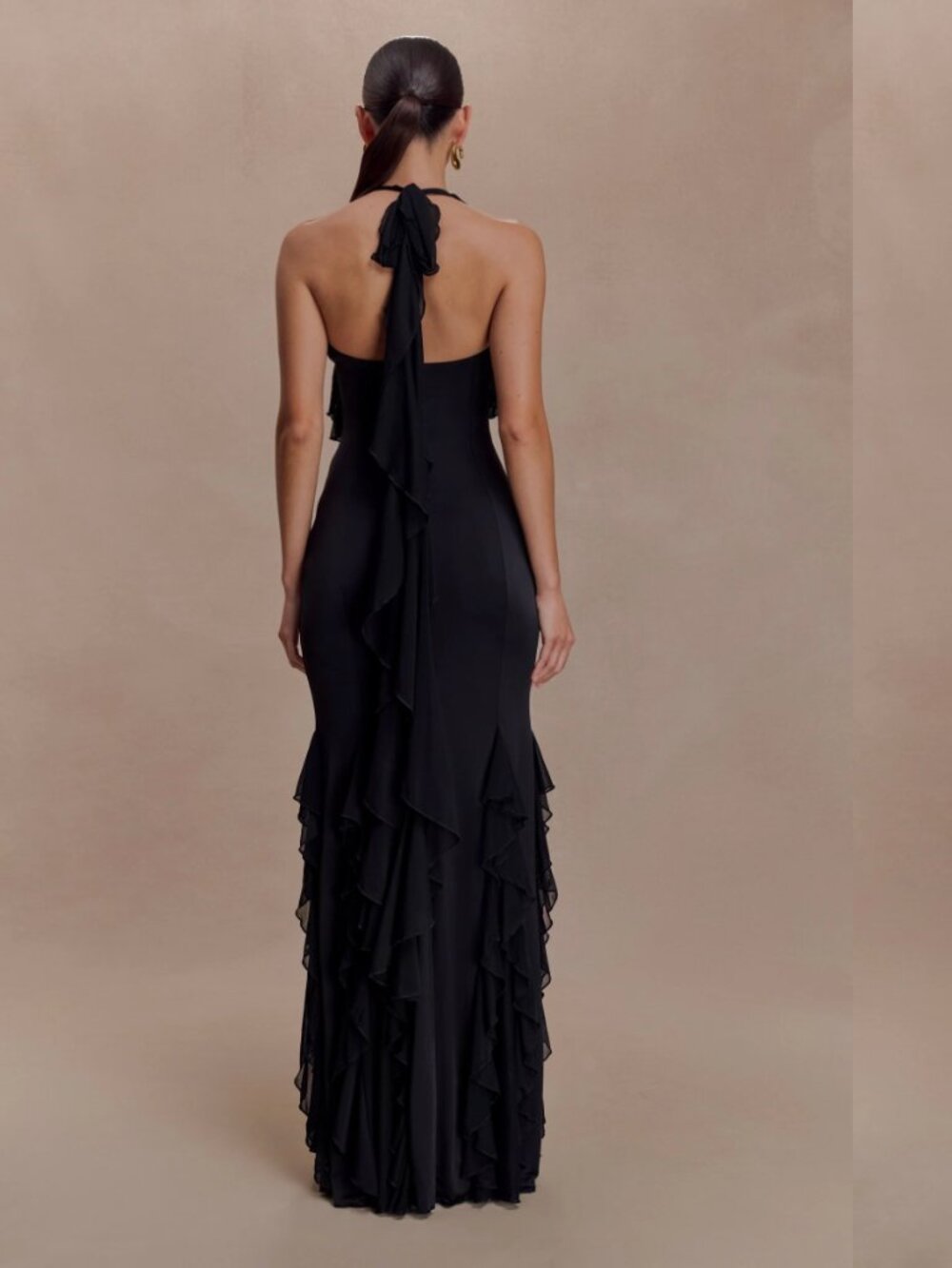 MESHKI Etta Ruffle Slinky Maxi Dress, Black, M - Picture 3 of 8